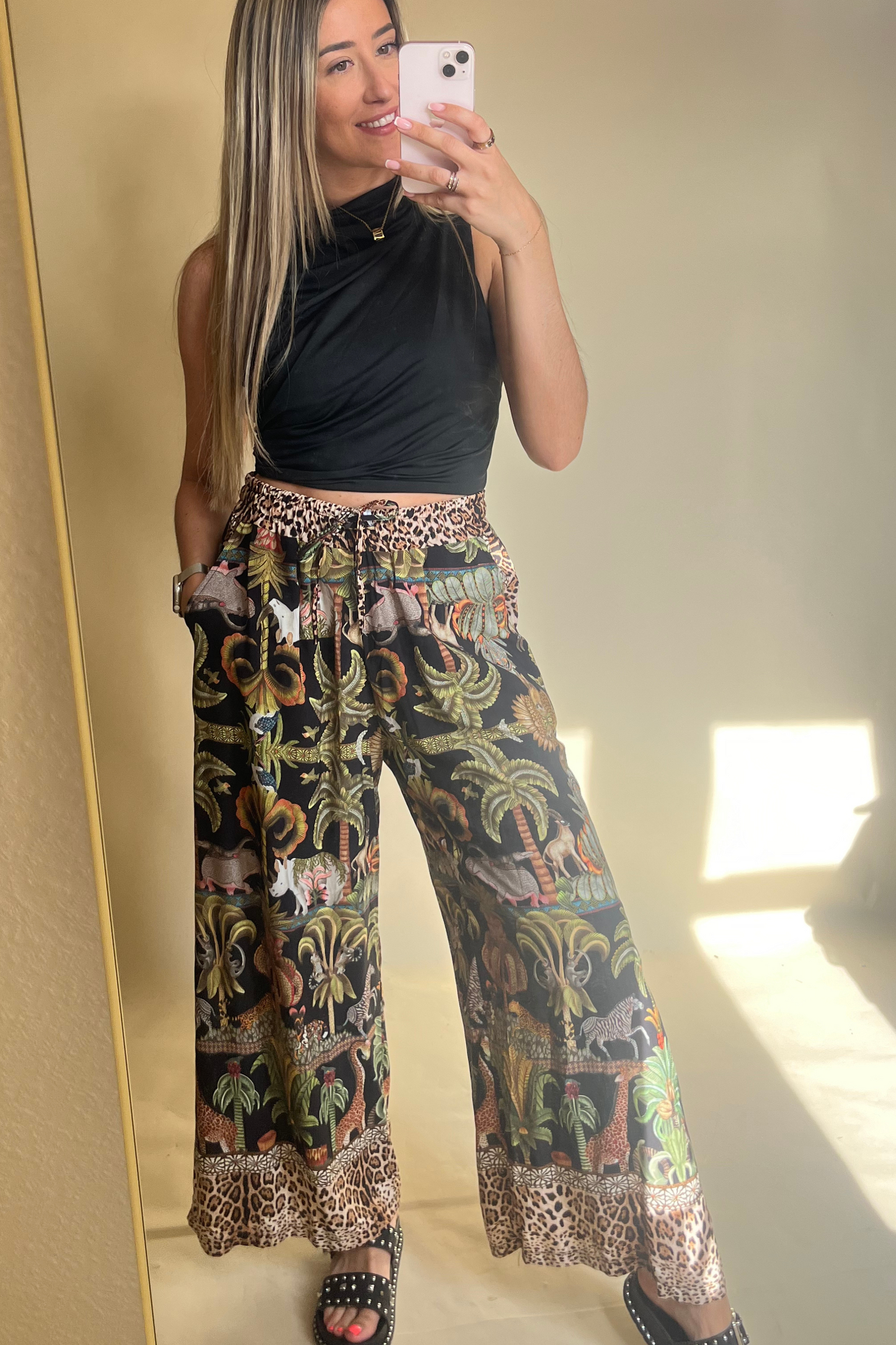 Black Leopard & tropical floaty trousers