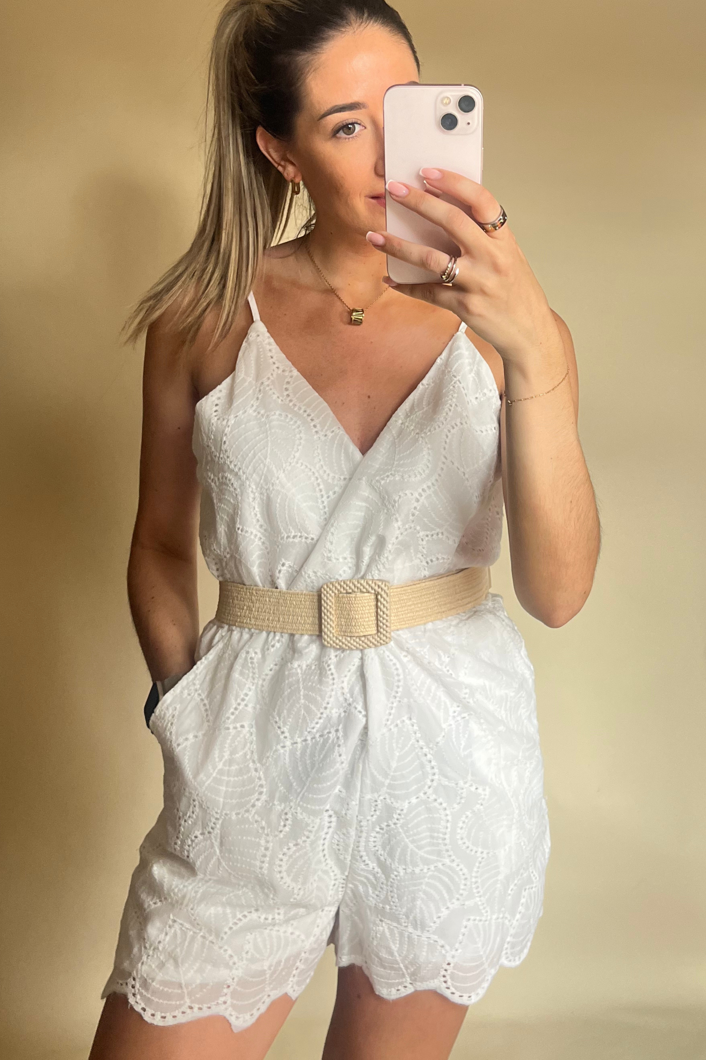 White applique playsuit with belt