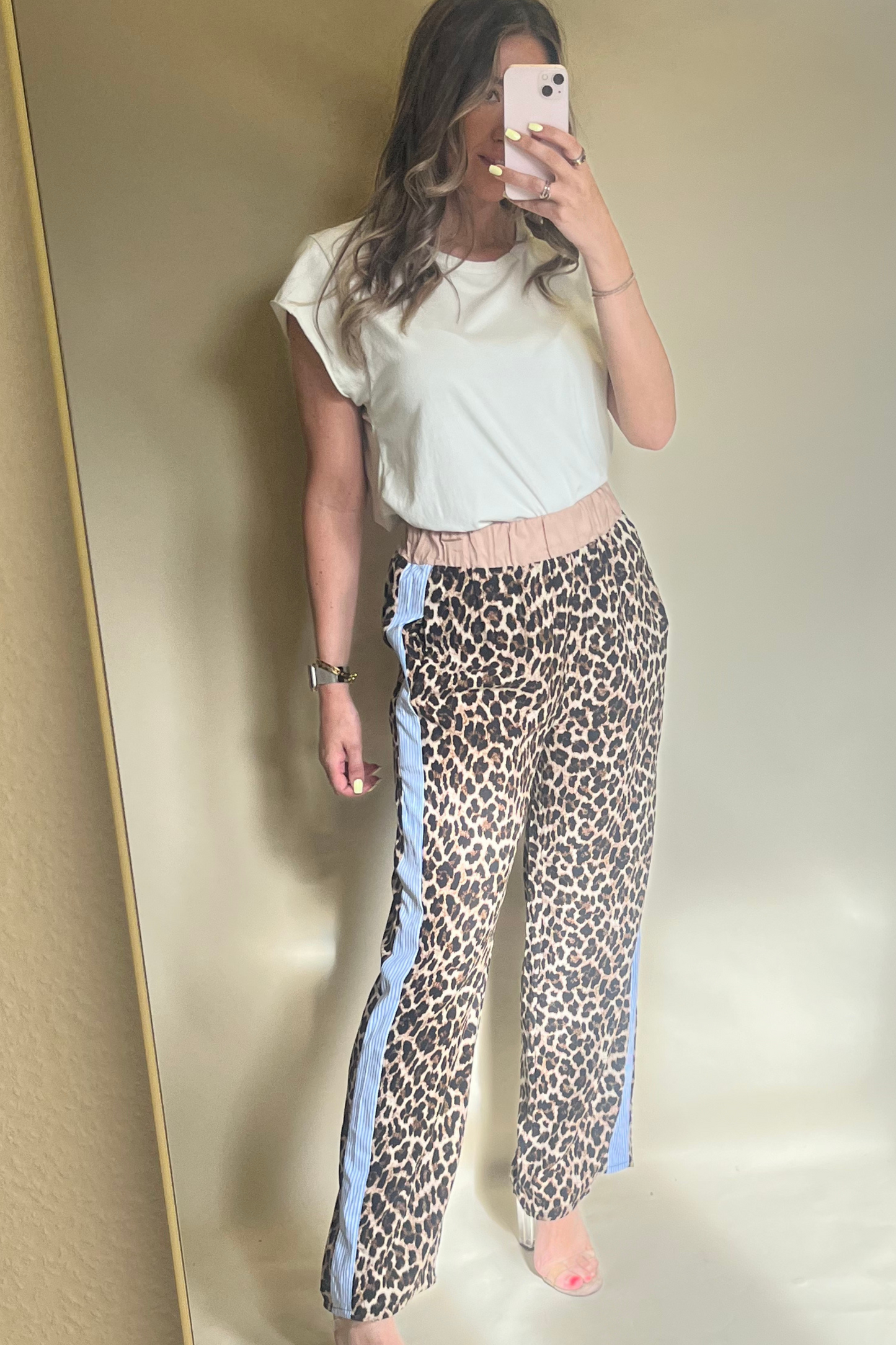 Leopard Floaty Trousers with Blue Stripe and Camel Waistband