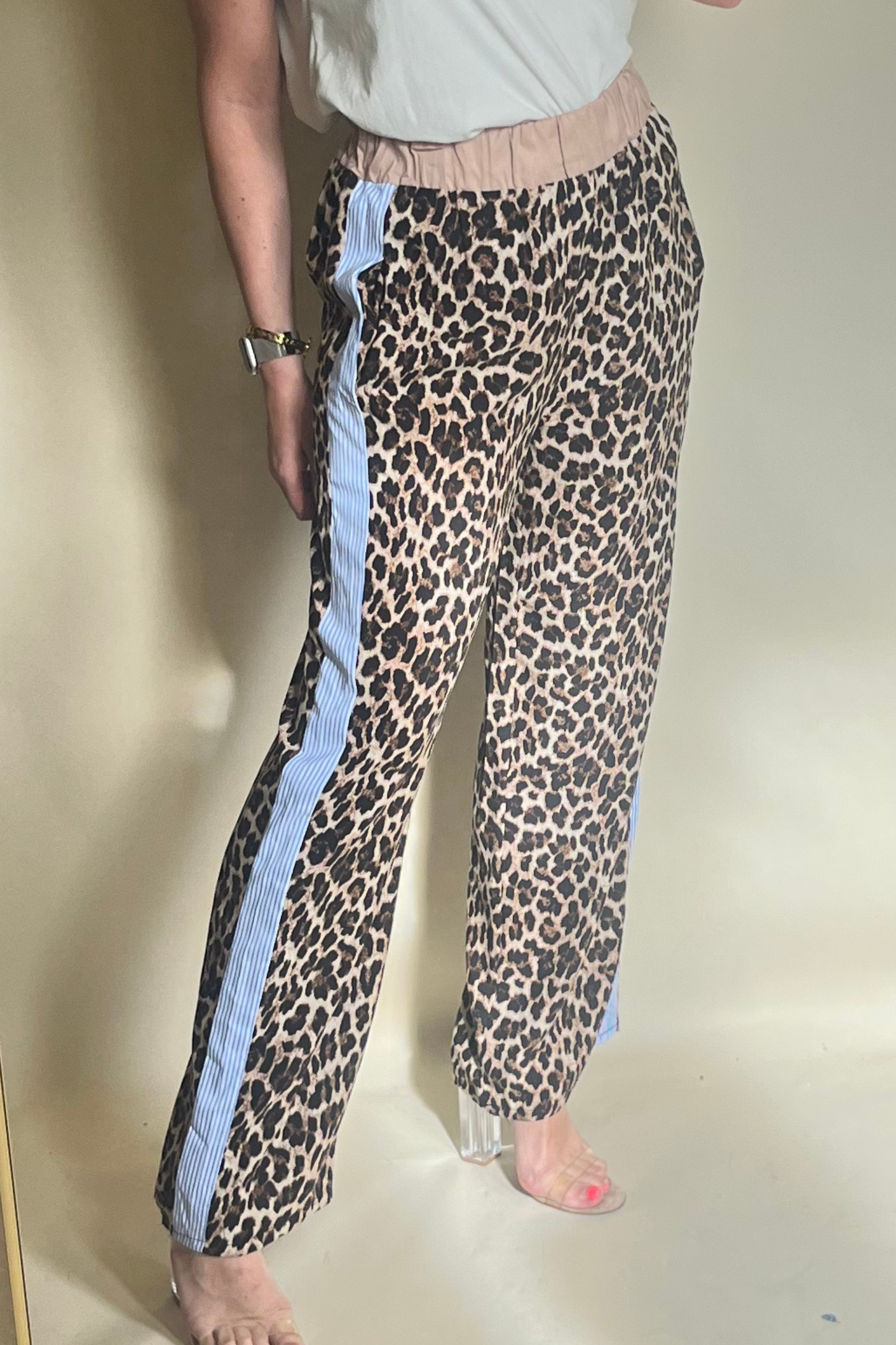 Leopard Floaty Trousers with Blue Stripe and Camel Waistband