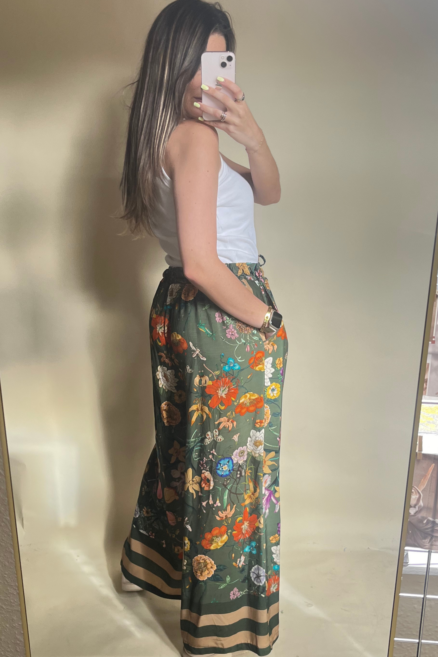 Khaki floral floaty trousers