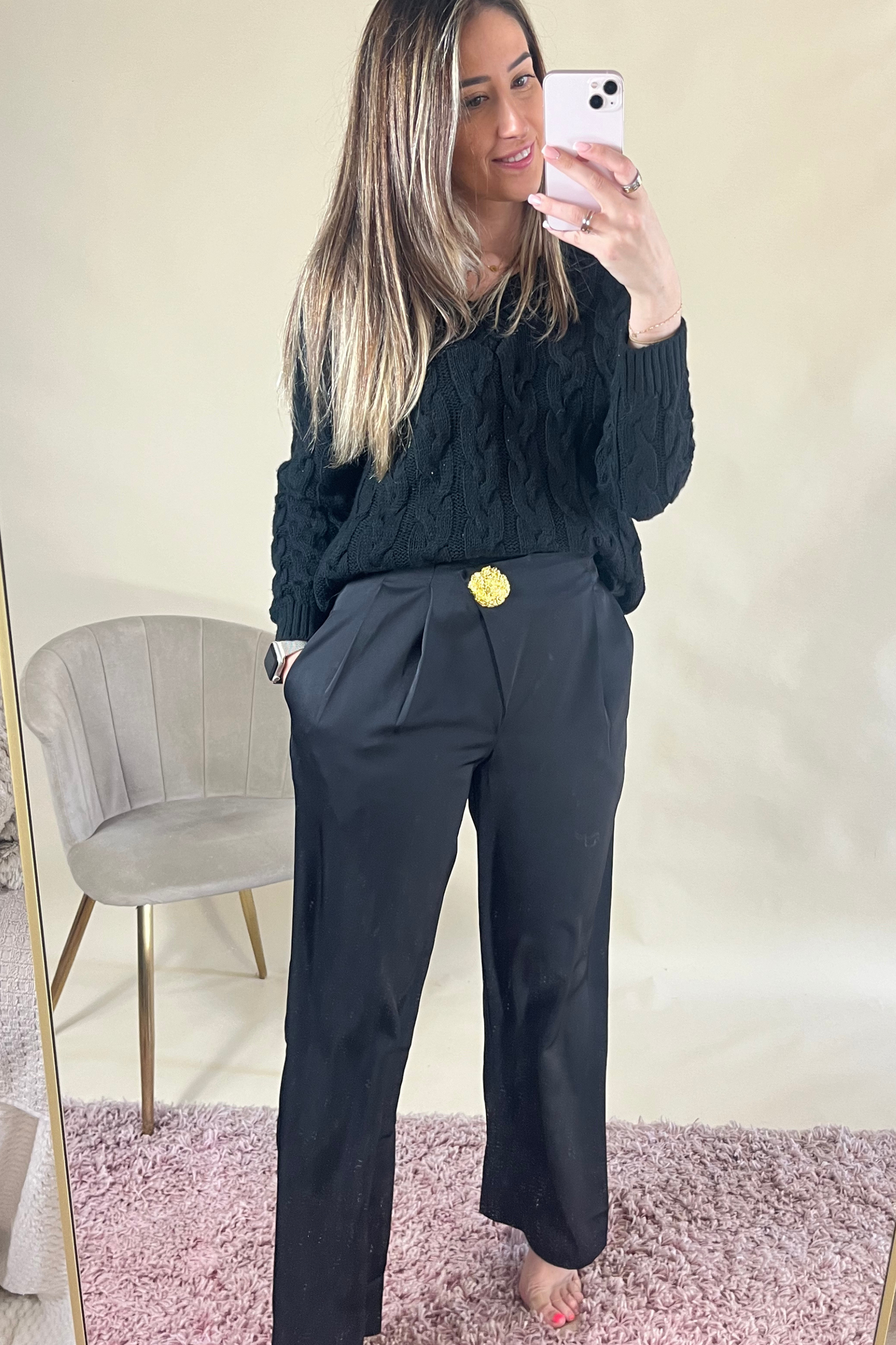 Black Tailored Trousers with Gold Feature Brooch