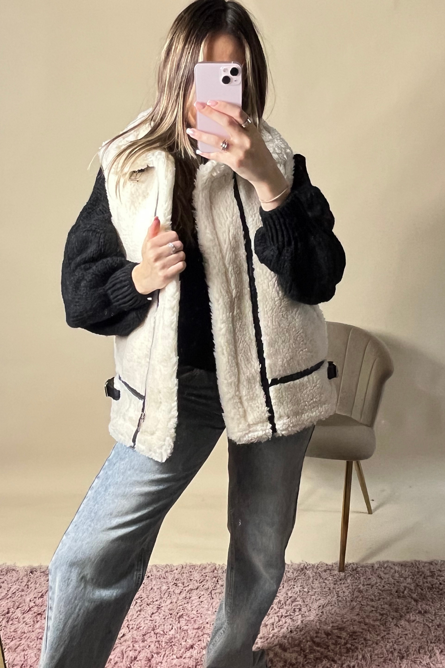 Cream Teddy Bodywarmer with Black PU Accents