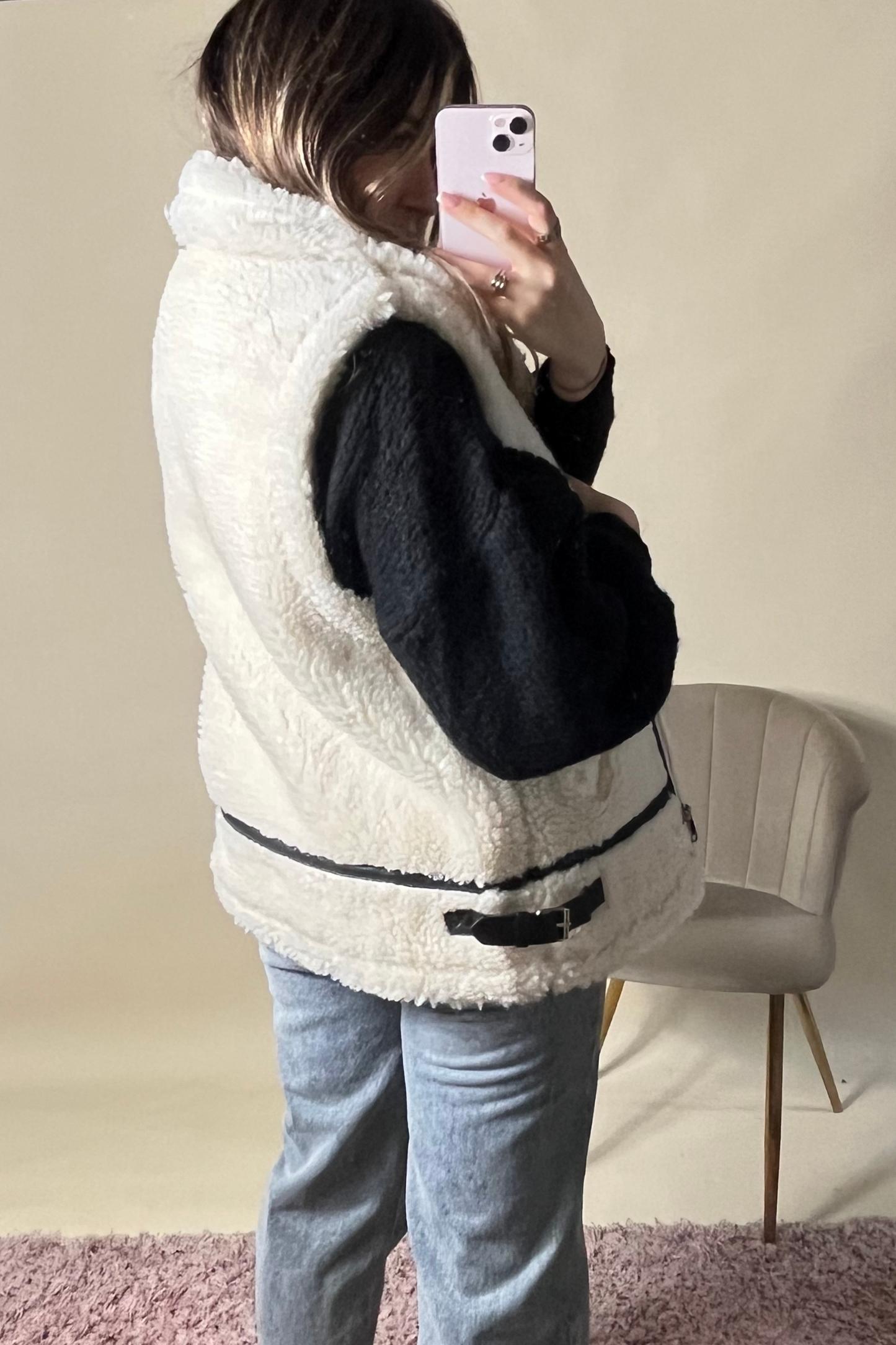 Cream Teddy Bodywarmer with Black PU Accents