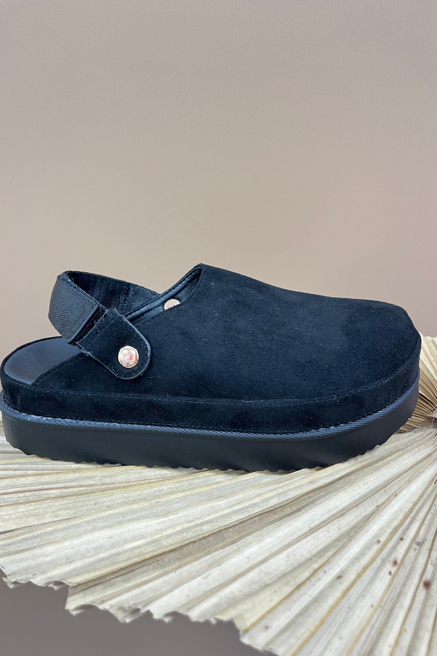 Black suedette clogs