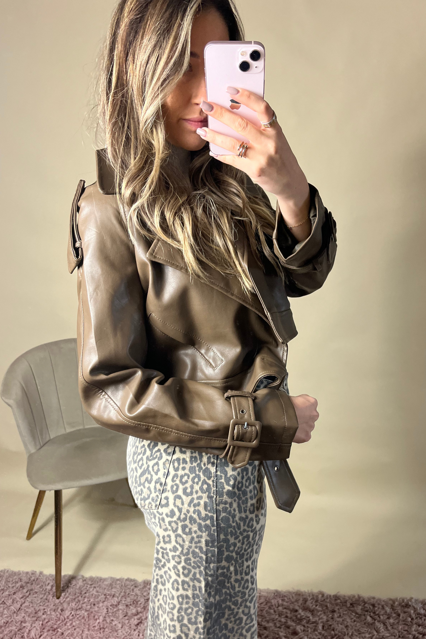 Cropped belted PU leather jacket (Variant colours)