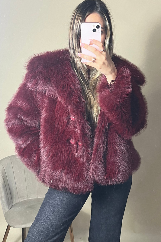 Burgundy faux fur lapel jacket