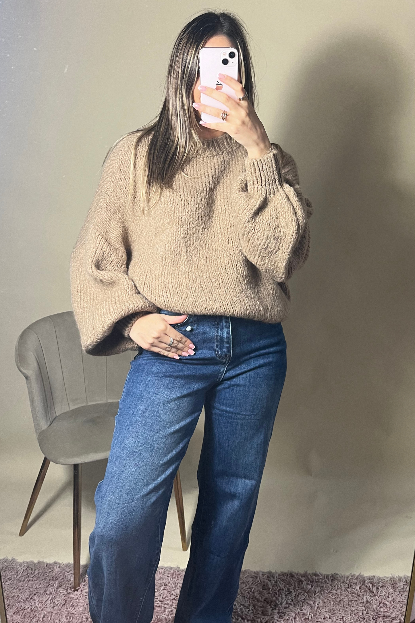 Cosy round neck camel oversized jumper