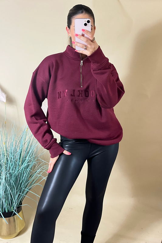 Burgundy Brooklyn half zip relaxed sweatshirt