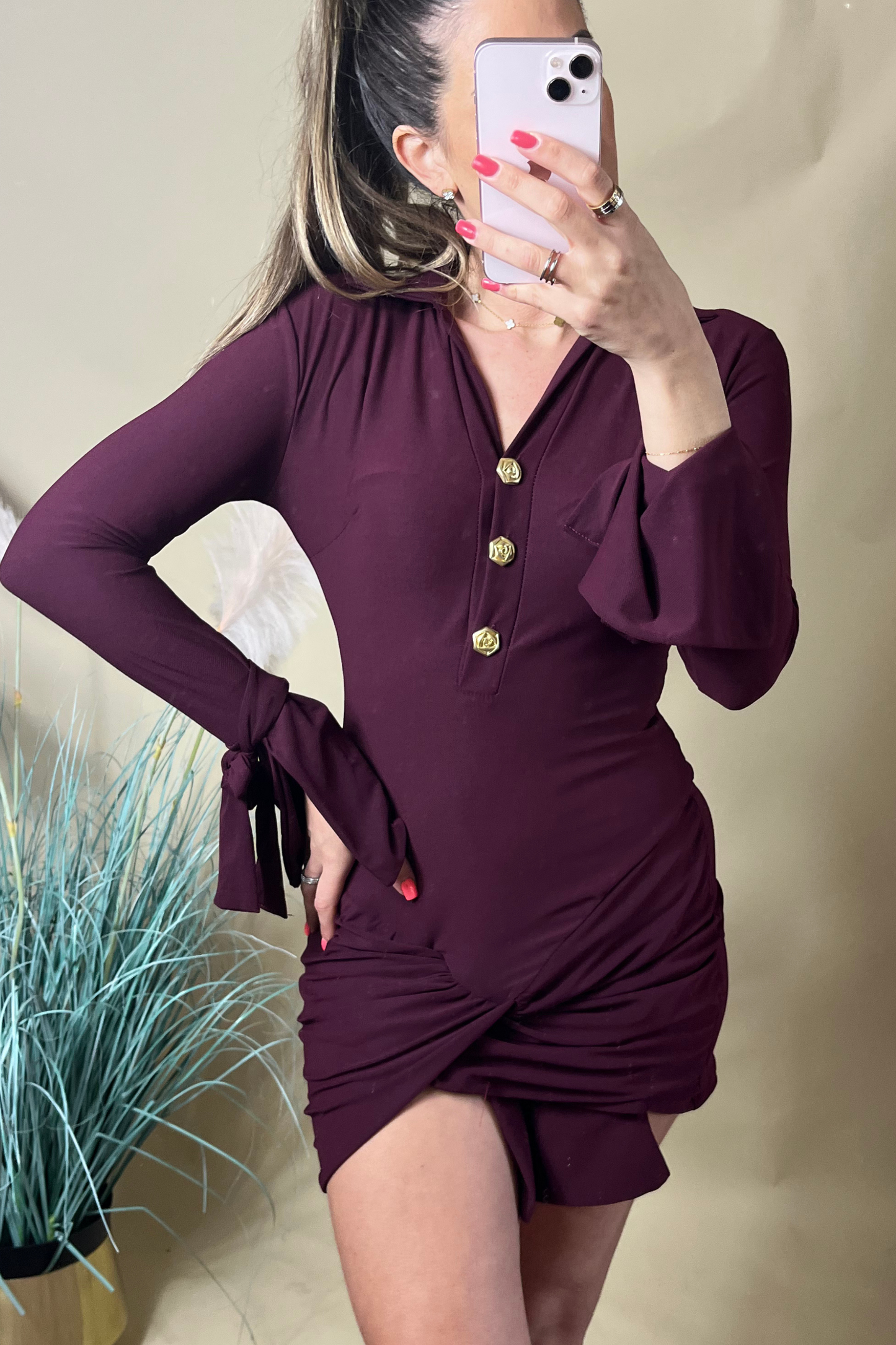 Burgundy Button Detail Dress | Classic Elegance Meets Modern Style