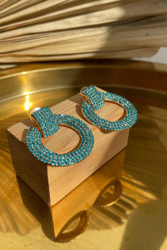 Blue diamante circular hoop earrings