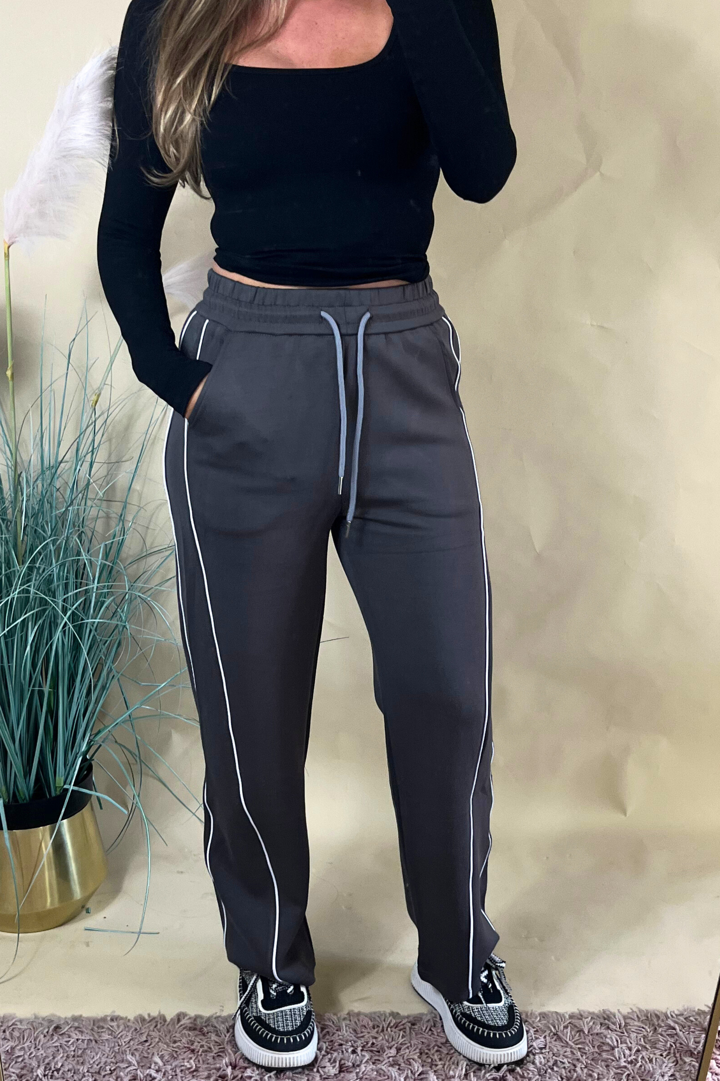 Grey Sweatpants with White Piping – Smart Casual Comfort