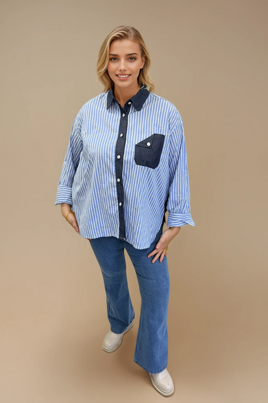 Blue Striped Shirt with Denim Contrast & Diamante Button Detai