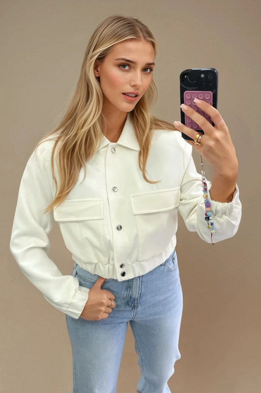 Cream snap button cropped tailored jacket