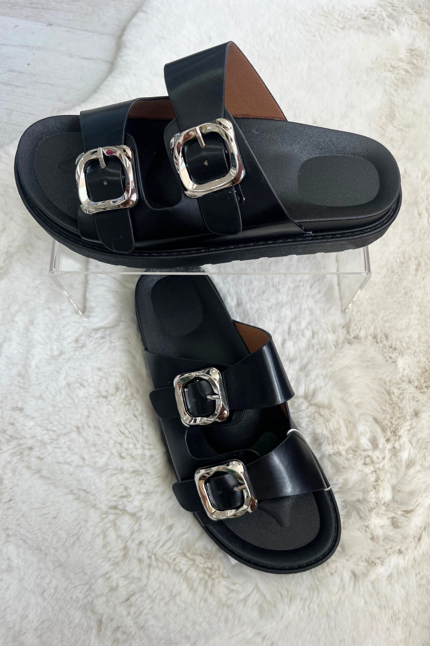 Black sandal with silver buckle