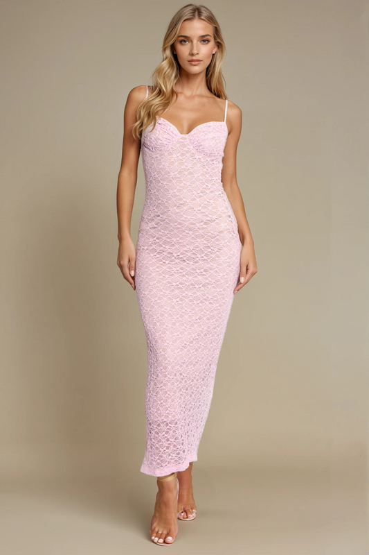 Pink Lace Maxi Dress with Nude Lining