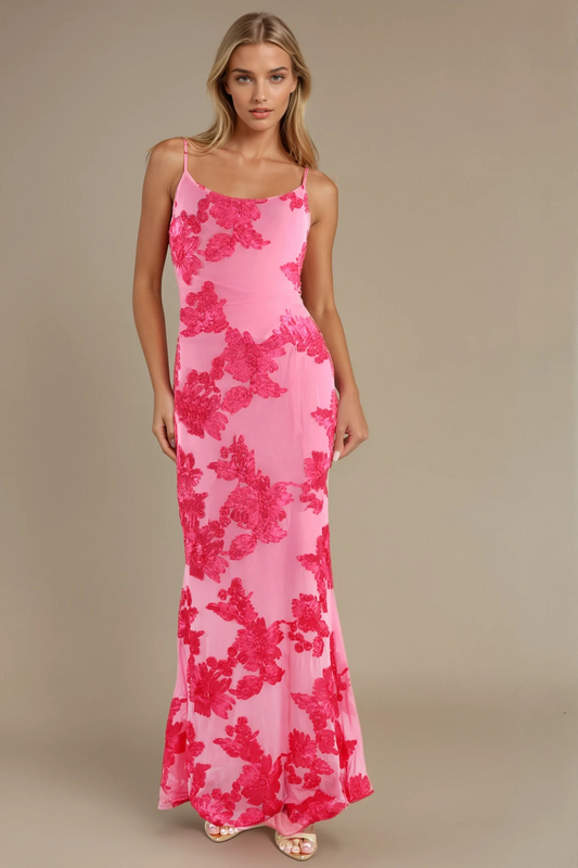 Pink Floral Lace Lined Cami Maxi Dress