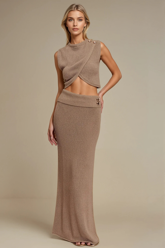 Beige Fine Knit Wrap Crop Top & Maxi Skirt Set