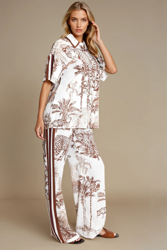 Brown Leopard Porcelain Print Blouse & Trouser Set