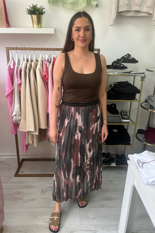 Midi Printed Khaki Pleated Skirt