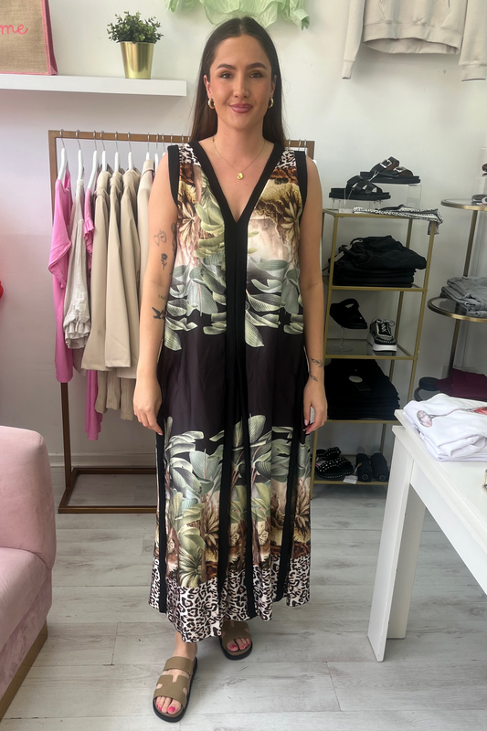 Tropical Print V-Neck Floaty Dress