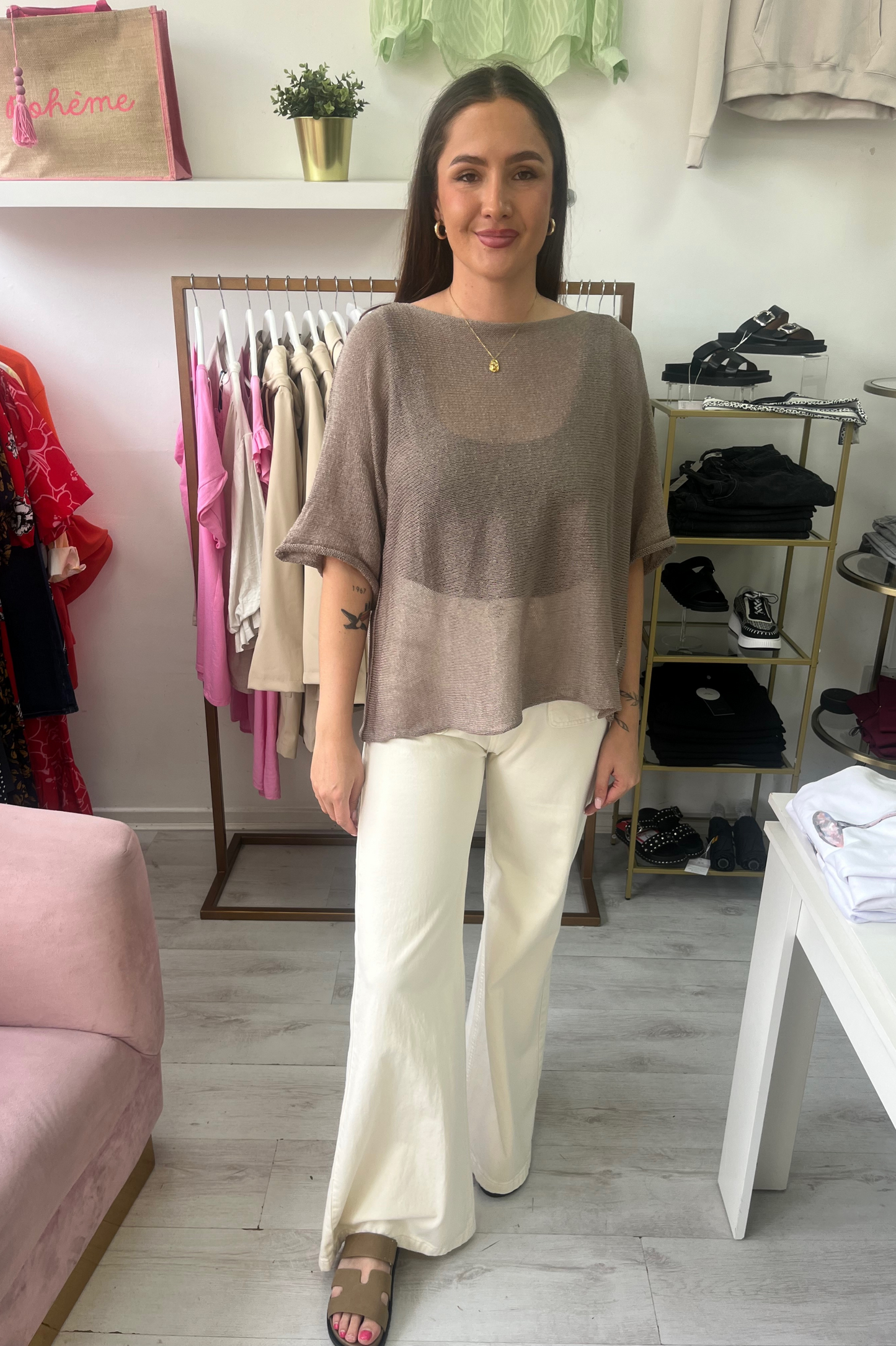 Loose Fine Knit Open Neck Top – Relaxed Sleeve