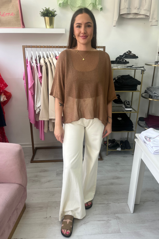 Loose Fine Knit Open Neck Top – Relaxed Sleeve
