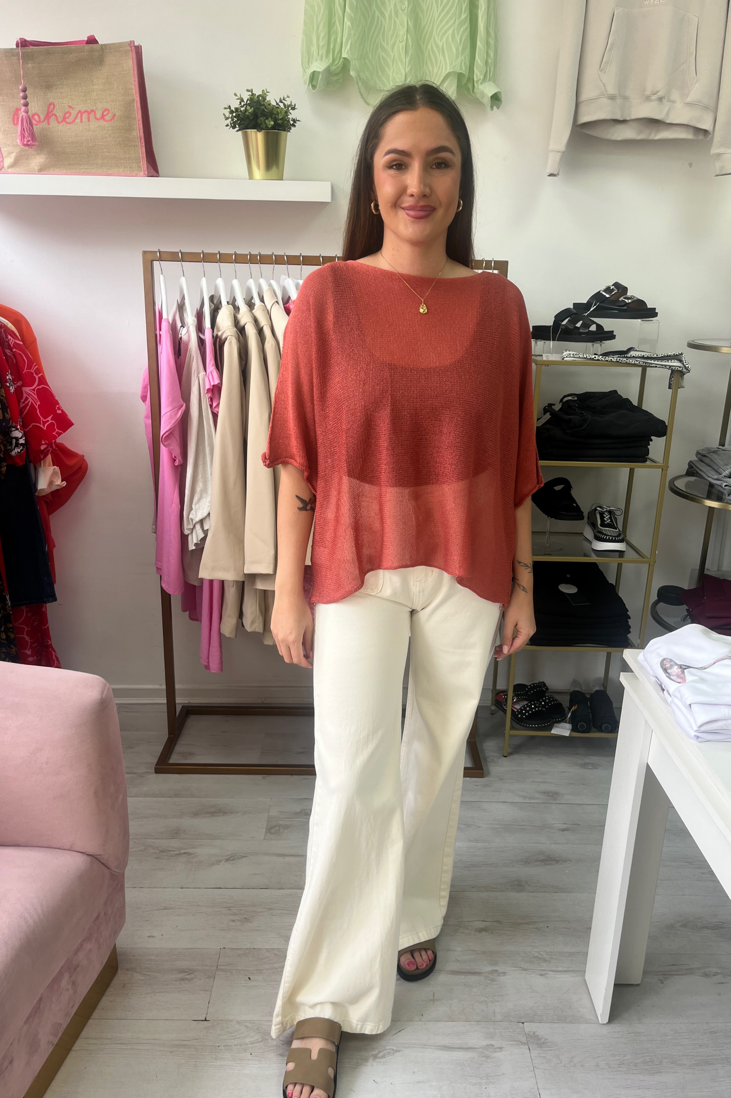 Loose Fine Knit Open Neck Top – Relaxed Sleeve