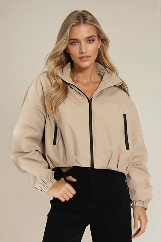 Beige Cropped Beige Hooded Jacket
