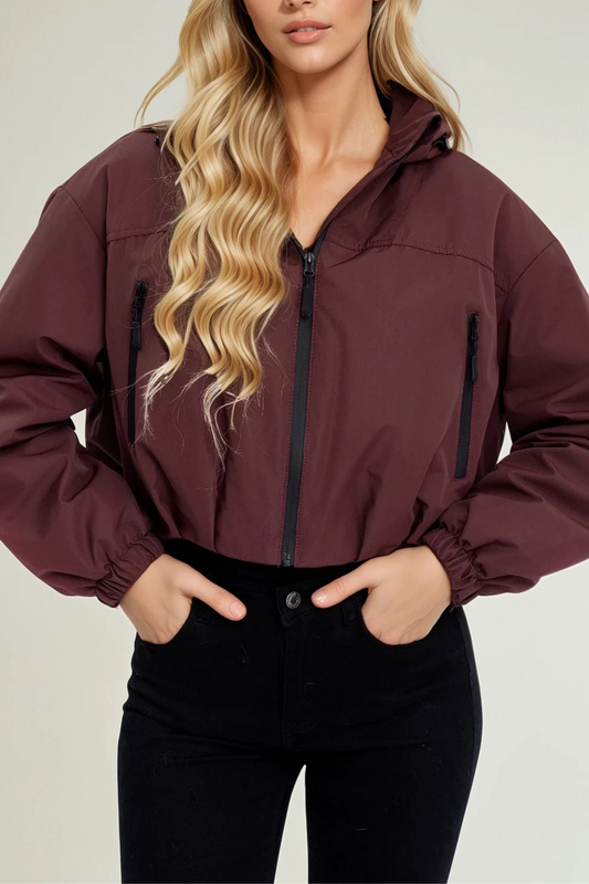 Burgundy Cropped Burgundy Hooded Jacket