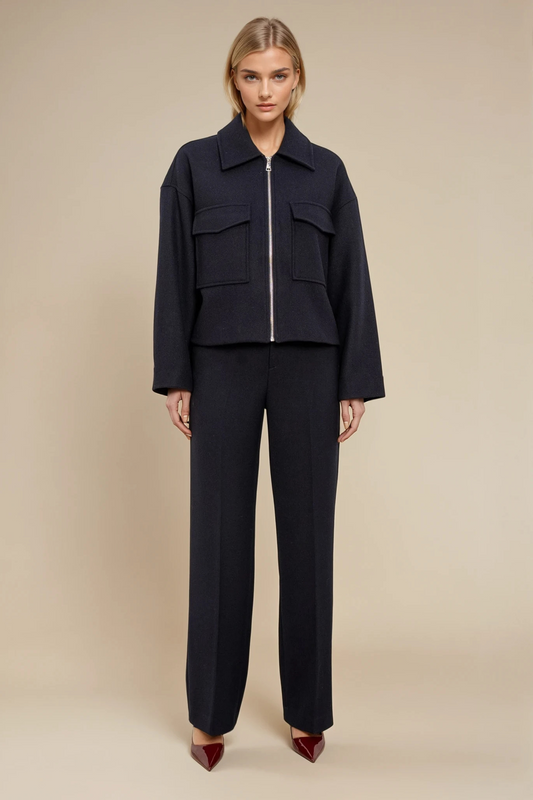 Navy Wool Patch Pocket Zipper Coat
