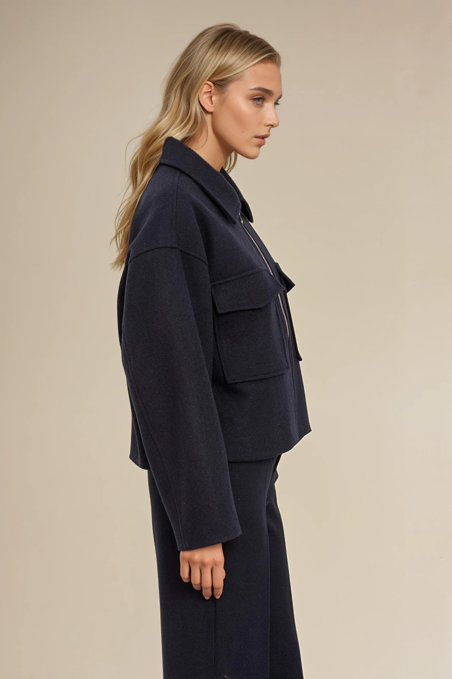 Navy Wool Patch Pocket Zipper Coat