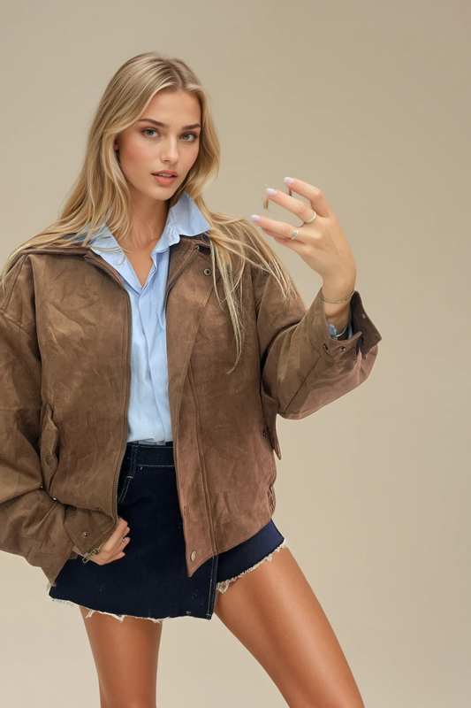 Tan Faux Suede Jacket with Collar