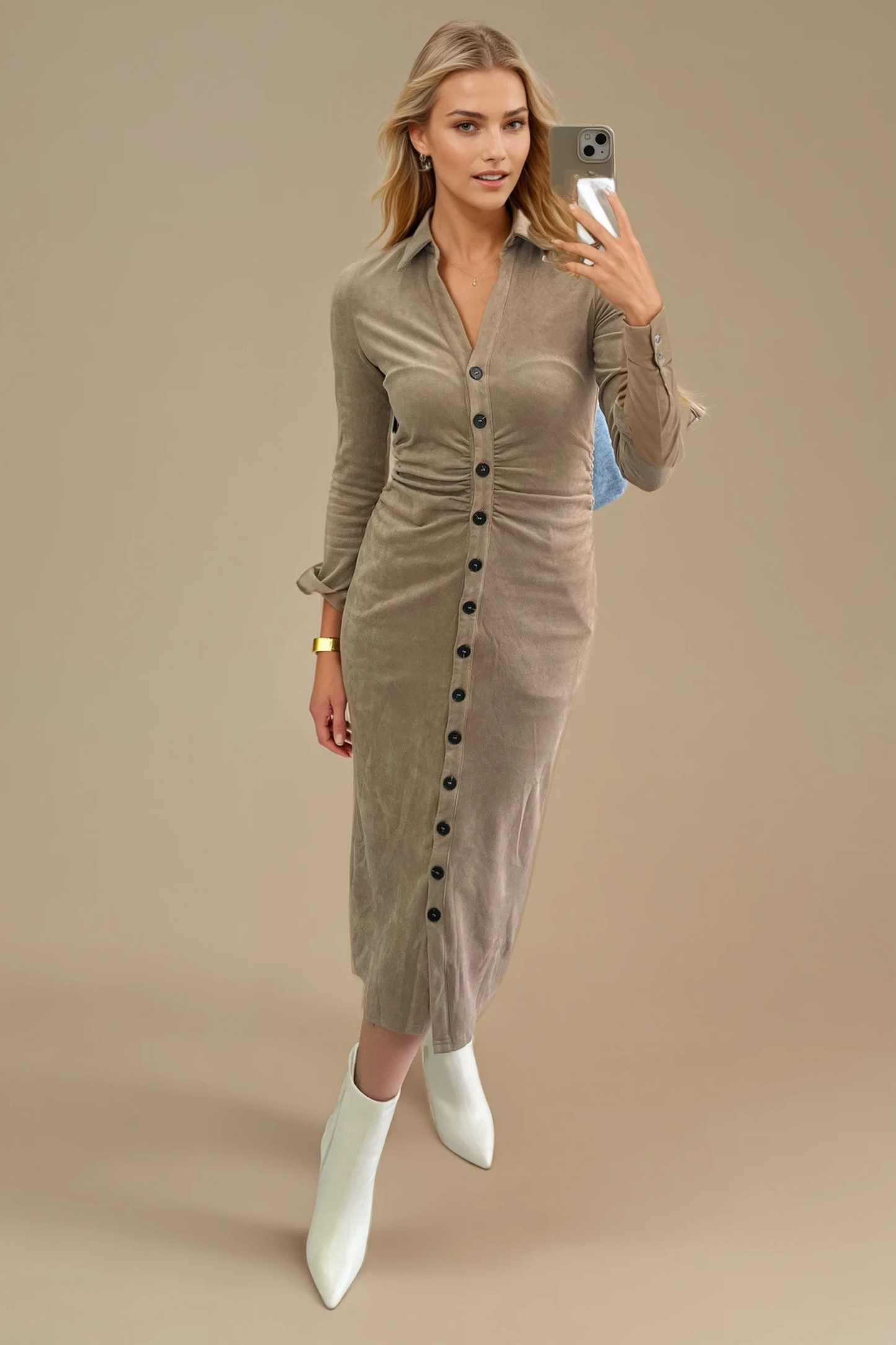 Beige Suedette Midi Dress