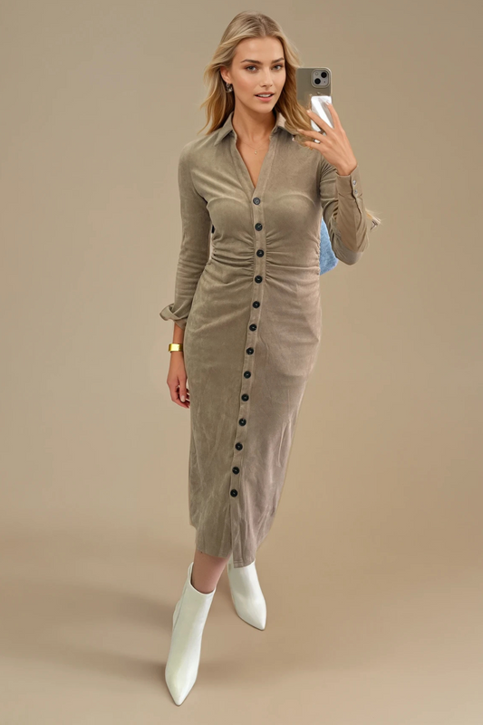 Beige Suedette Midi Dress