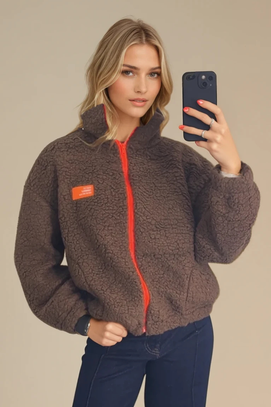 Brown Contrast Zip Borg Jacket