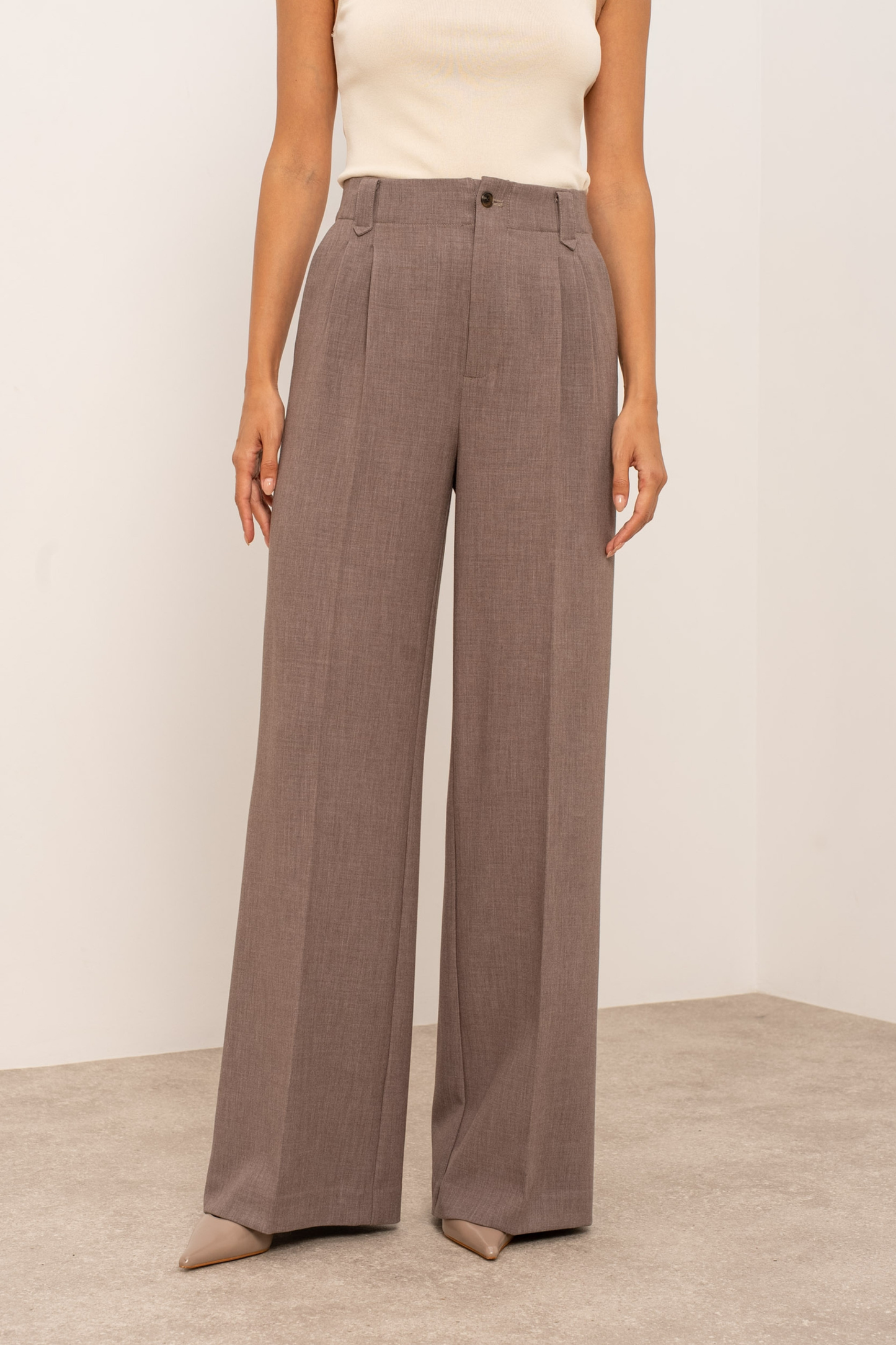 Taupe Tailored pin tuck wide leg trousers
