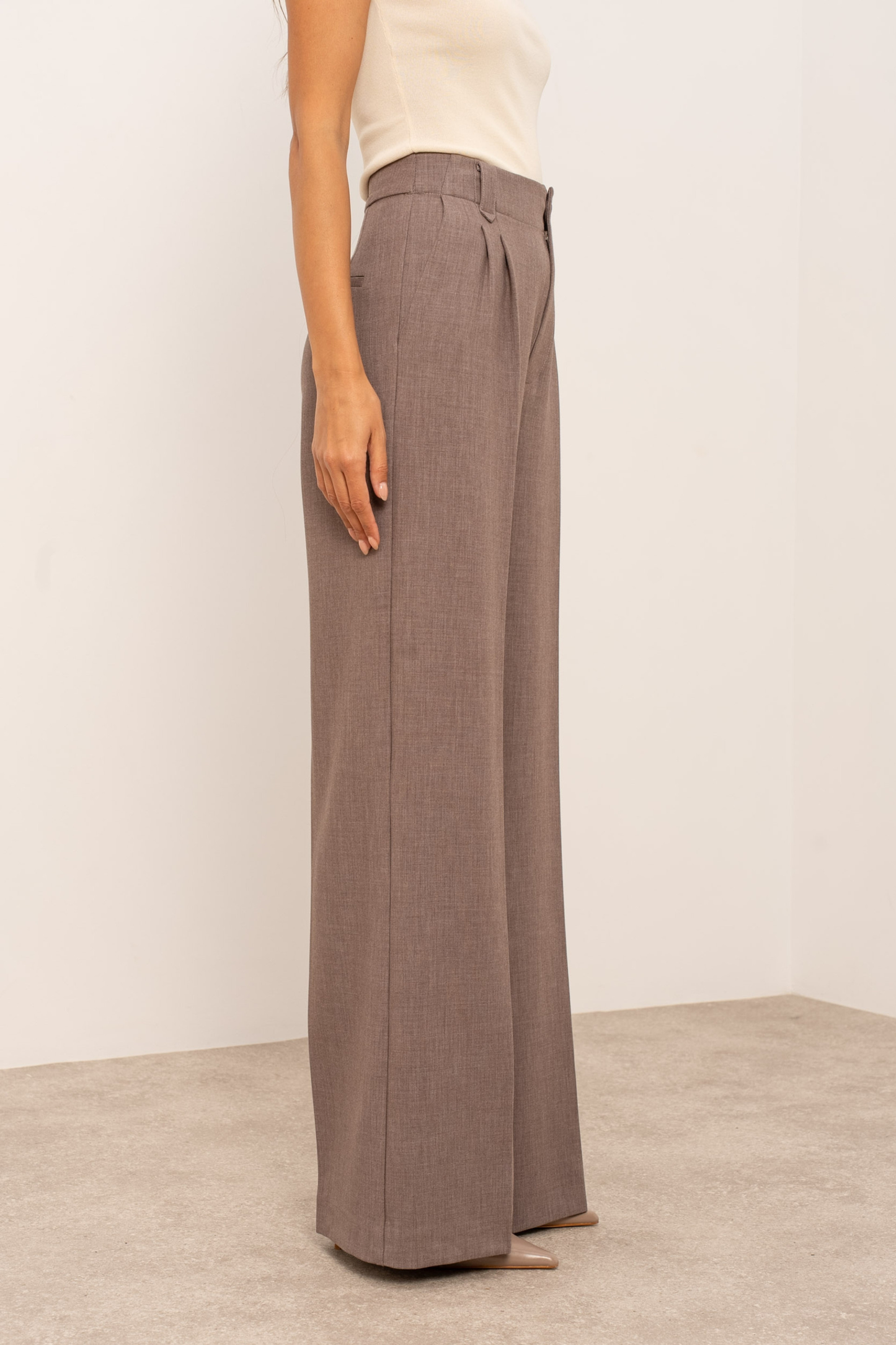 Taupe Tailored pin tuck wide leg trousers