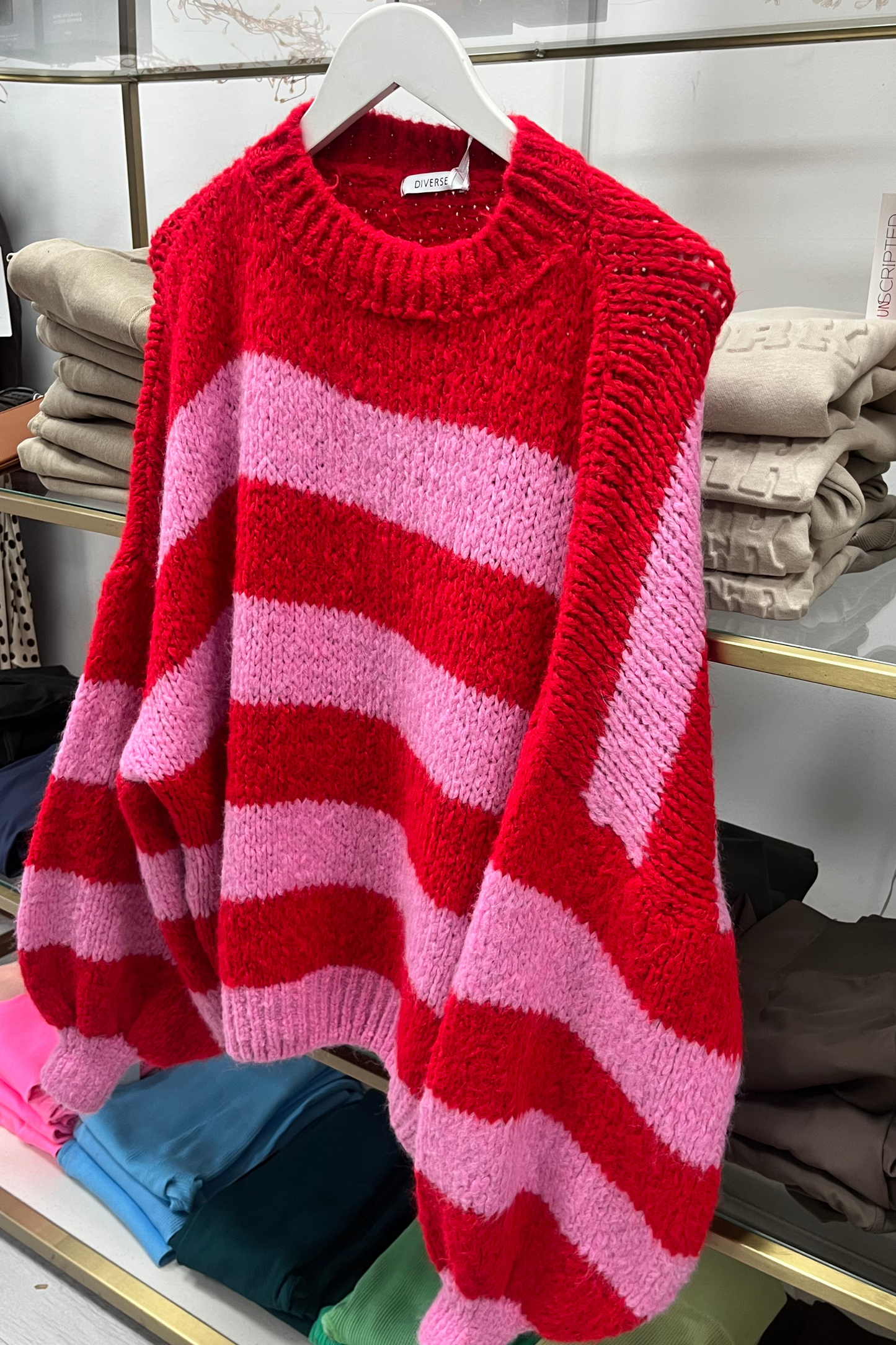 Red & pink stripe oversized high neck jumper