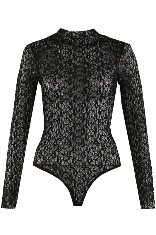 Black studded lace mock neck bodysuit