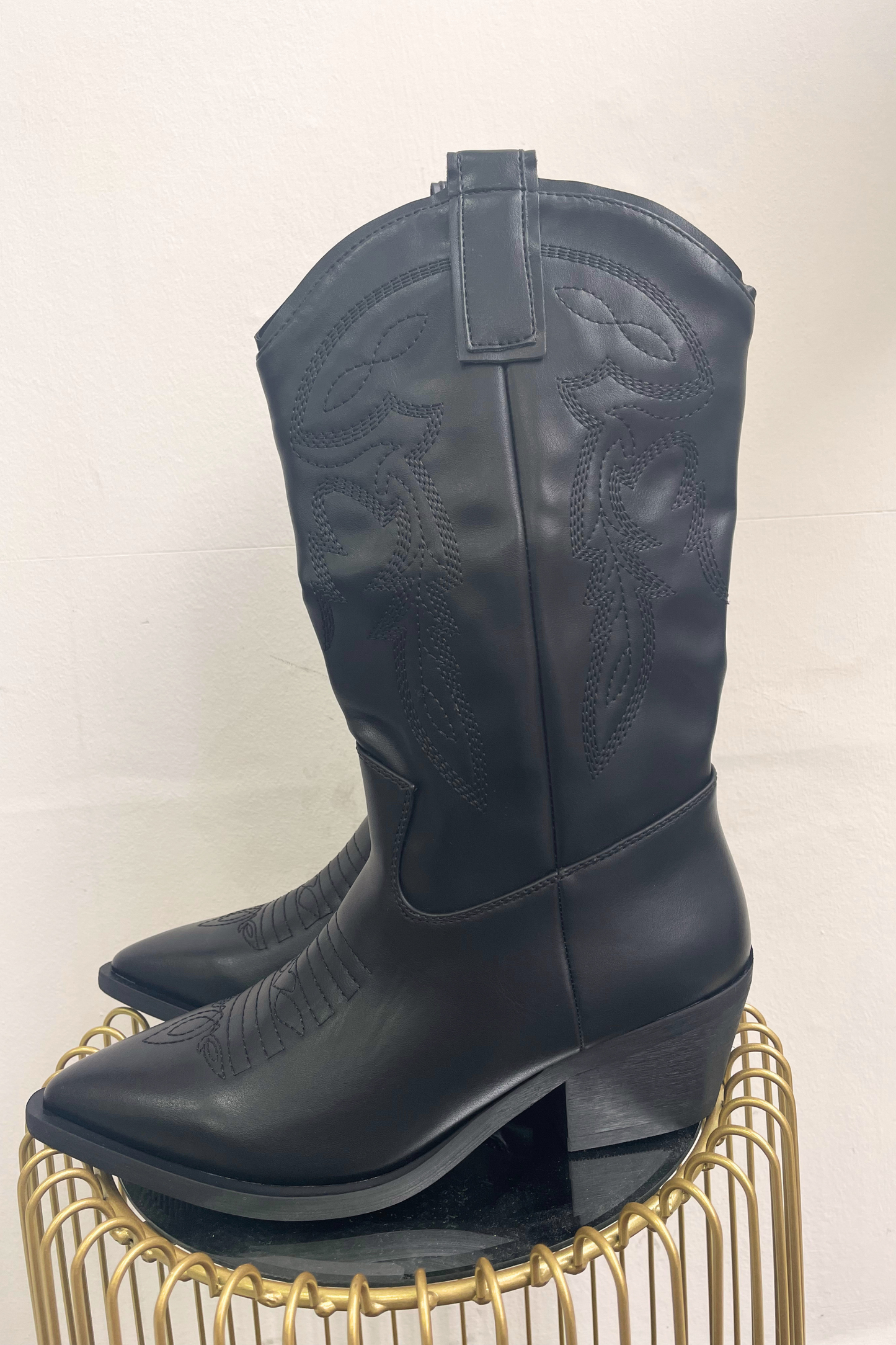Black faux leather cowboy boots