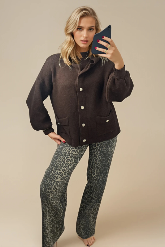 Fine Knit Brown Hooded Cardigan — Gold Button Detailing