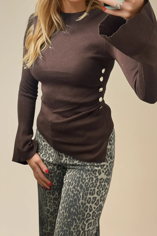 Brown Fine Knit Top with Gold Button Ruching – Asymmetric Style
