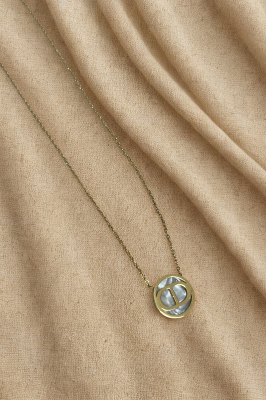 Gold Round Pendant Necklace with Mother-of-Pearl Detail