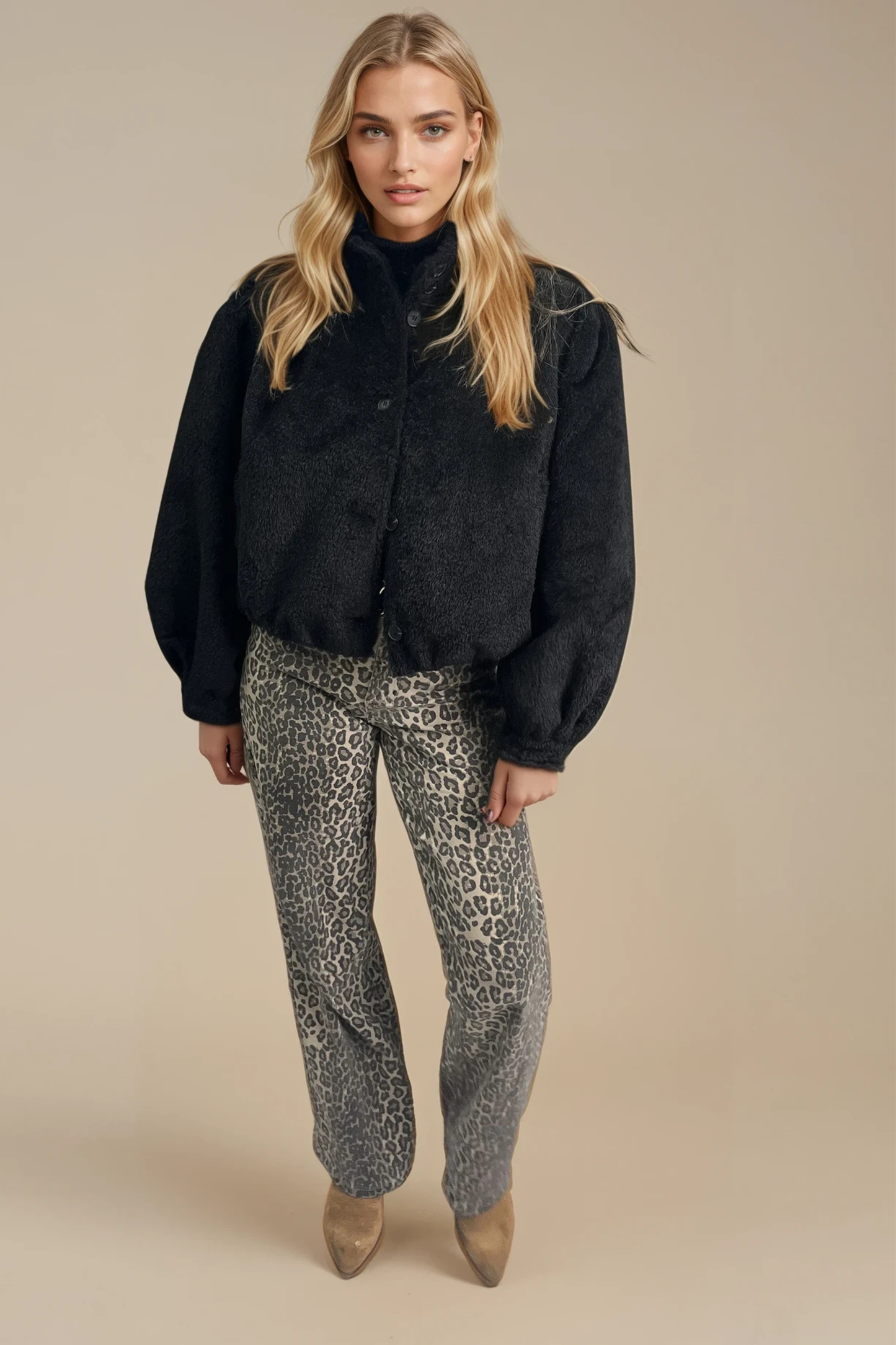 Black Teddy Jacket – High Neck & Balloon Sleeve