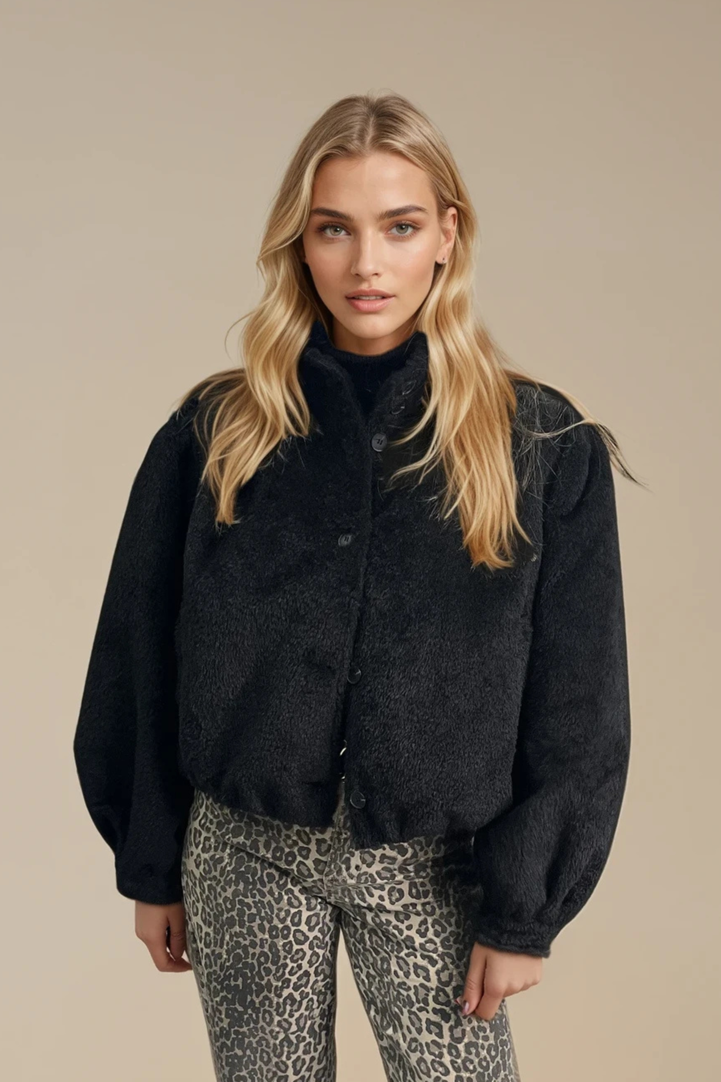 Black Teddy Jacket – High Neck & Balloon Sleeve