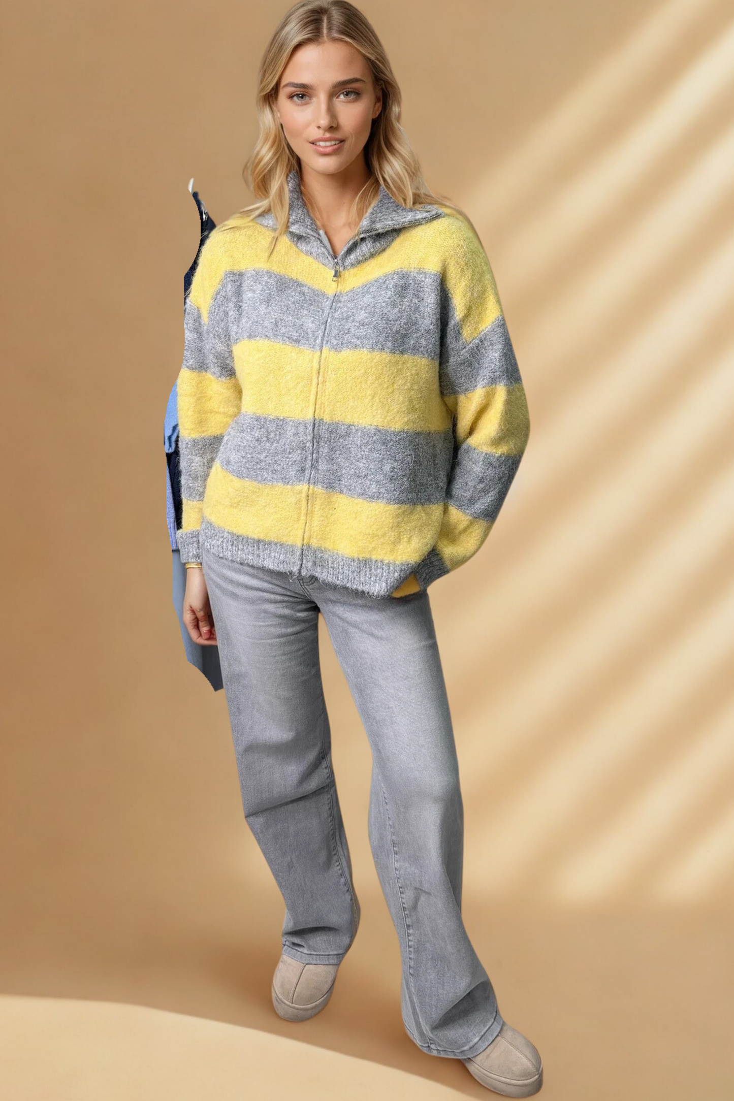 Yellow & Grey Stripe Zip-Up Knit Cardigan