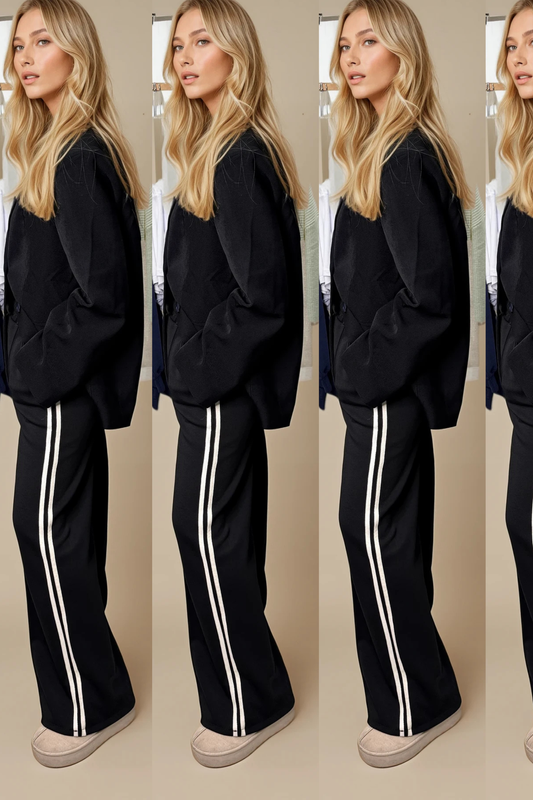 Black Floaty Trousers with Front Seam & Side Stripe Detail