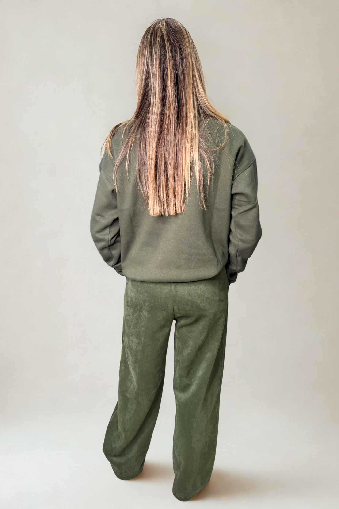 Khaki Faux Suede Trousers with Drawstring Waist