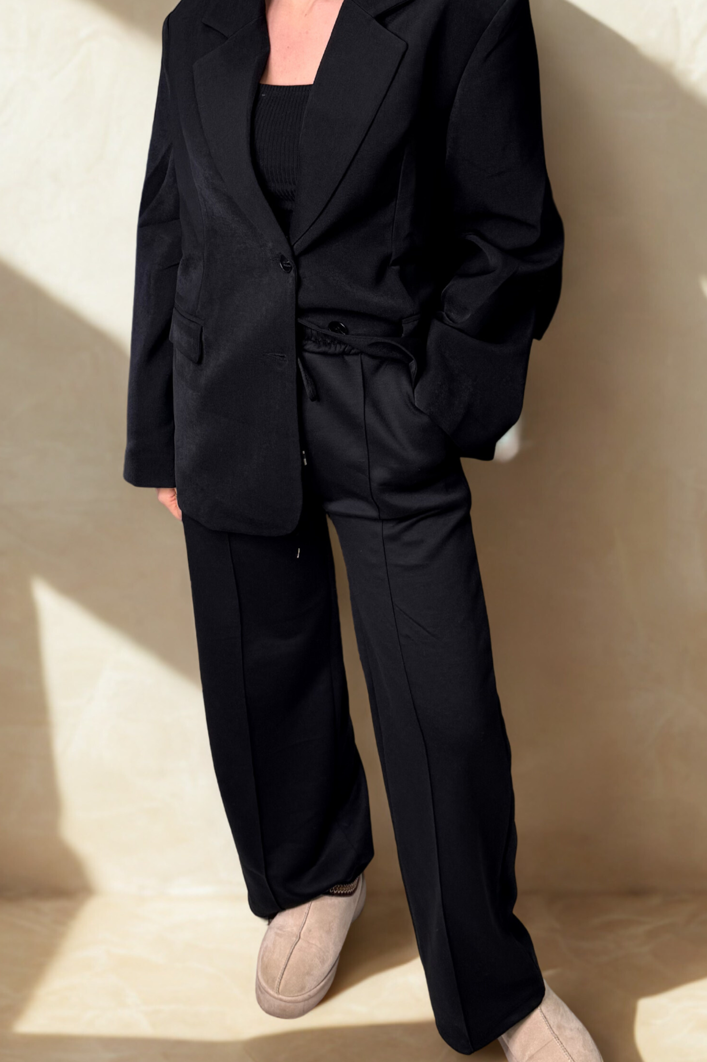 Beige or Black Floaty Trousers with Drawstring Waist